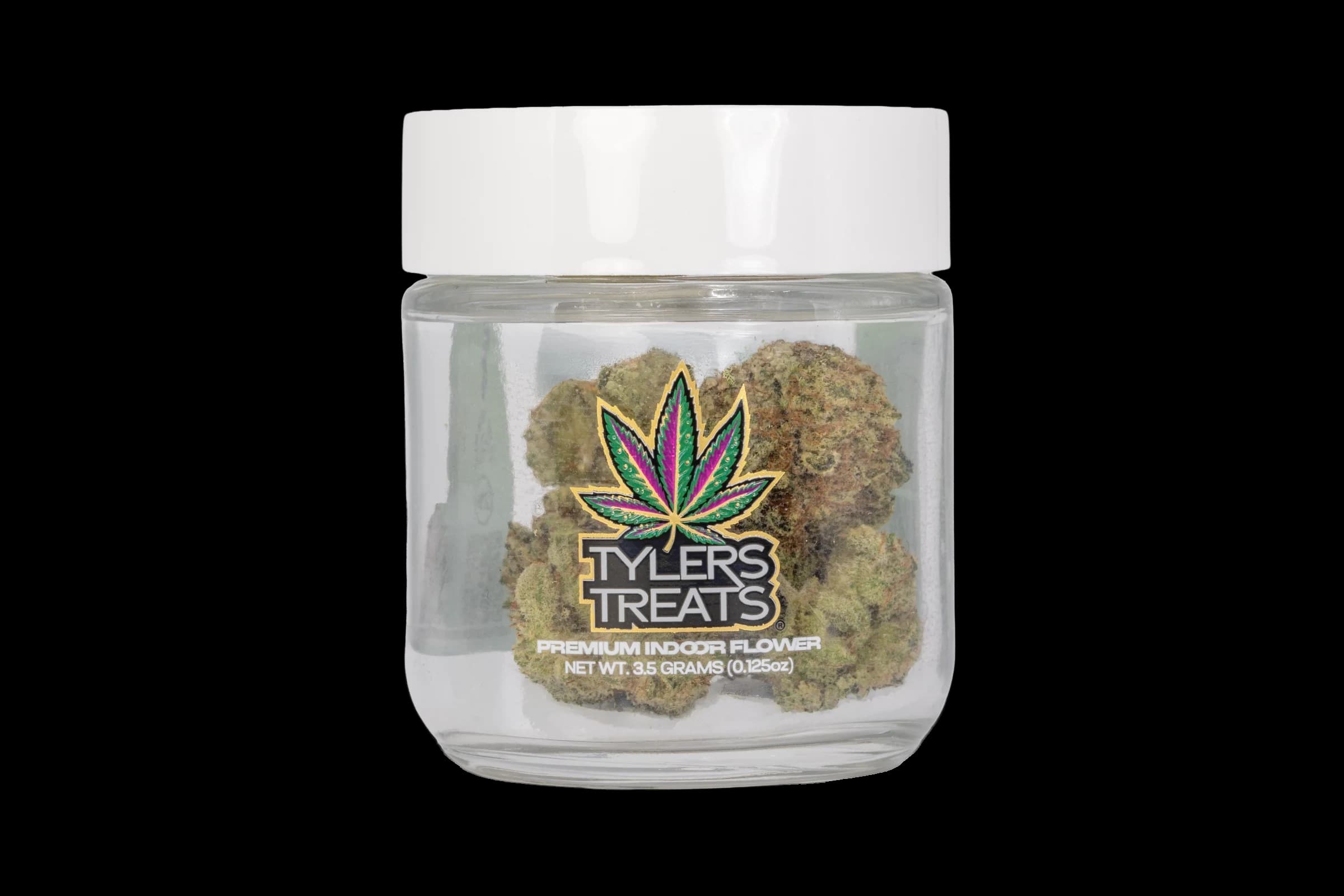 Closed Tyler’s Treats 3.5g jar, Premium Indoor Flower label
